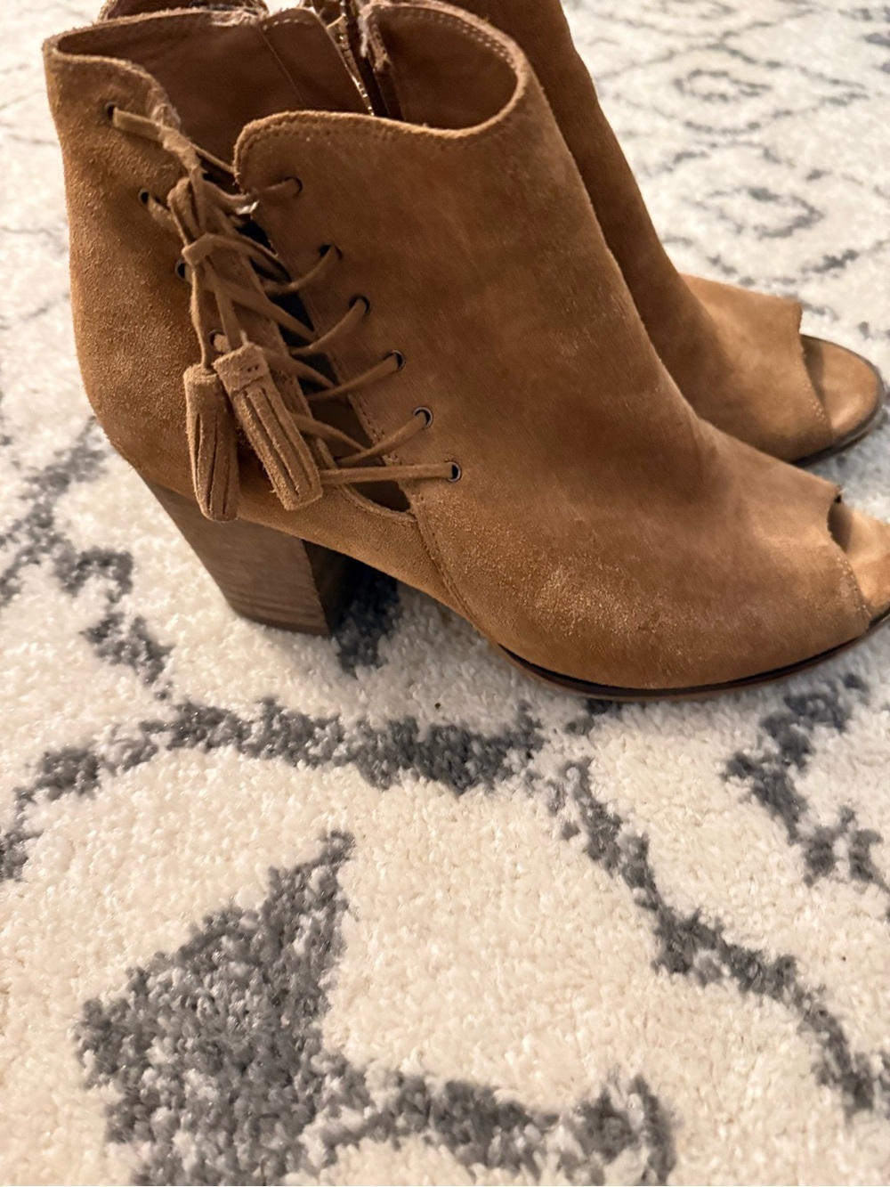 Women's Tan Suede Peep-Toe Lace-Up Ankle Booties